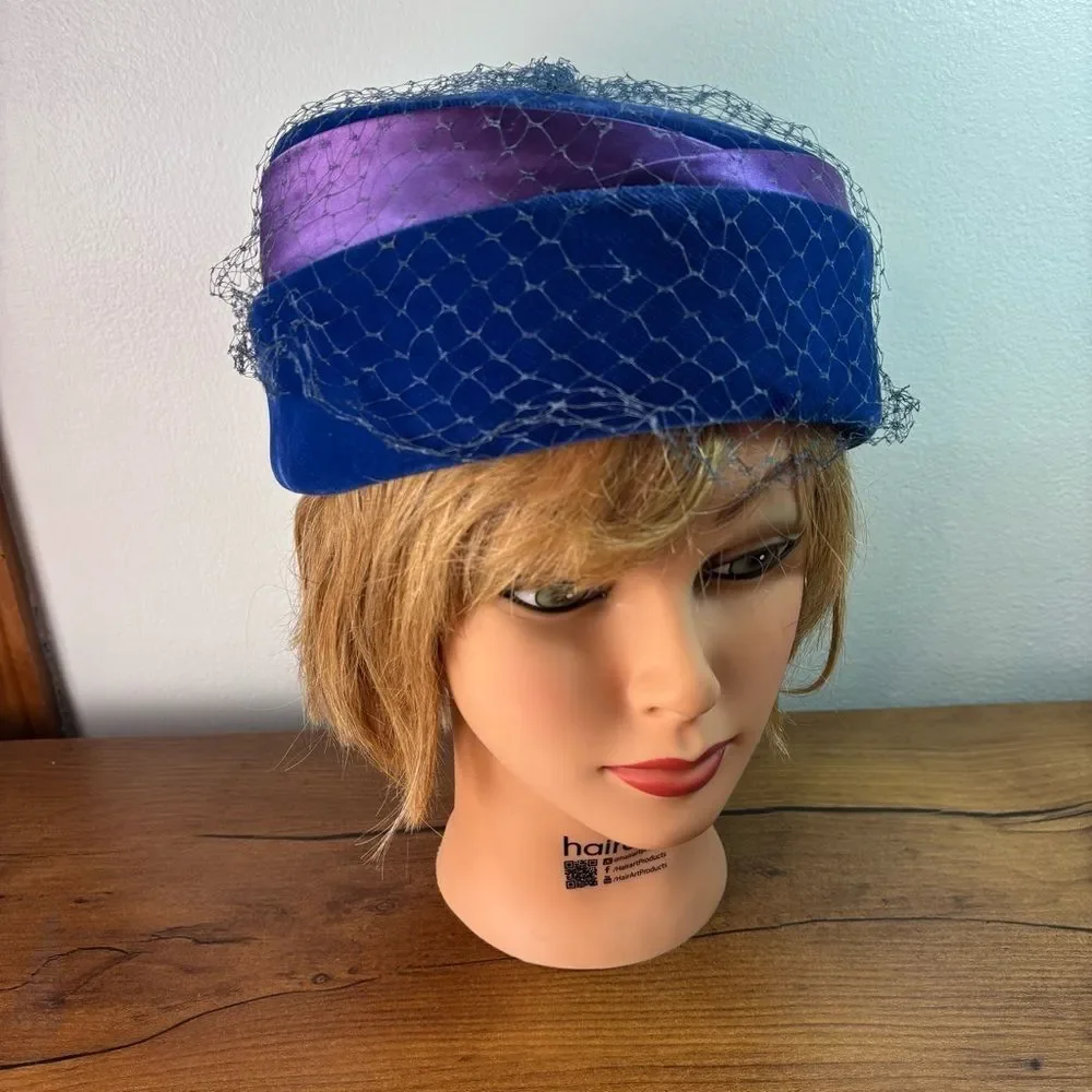 VTG 50s Pillbox Millinary Veiled Netting Hat Headpiece Blue Velvet Mod - Picture 3 of 12